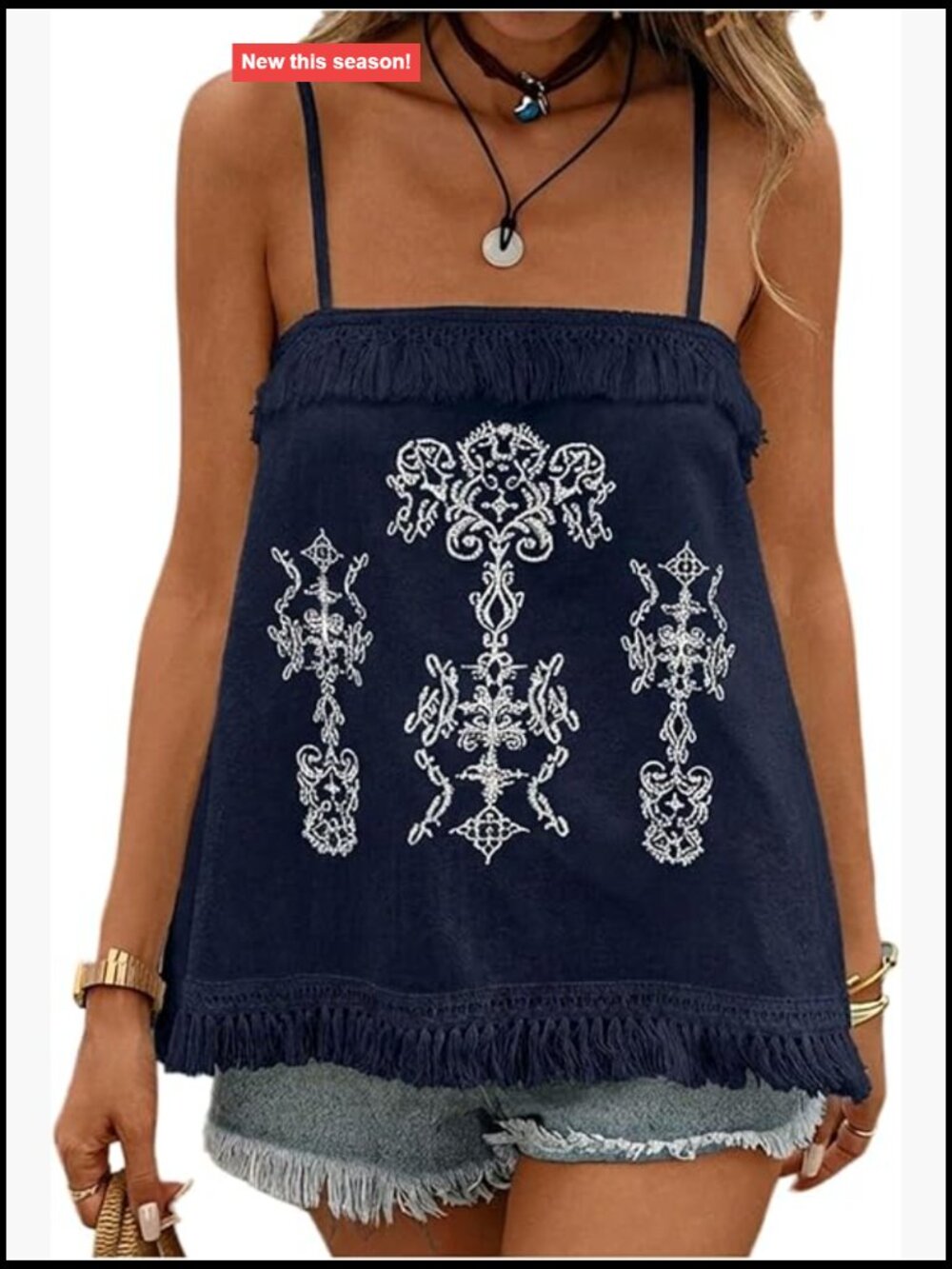 Boho Embroidered Sleeveless Cami Top Summer Vacation Spaghetti Strap